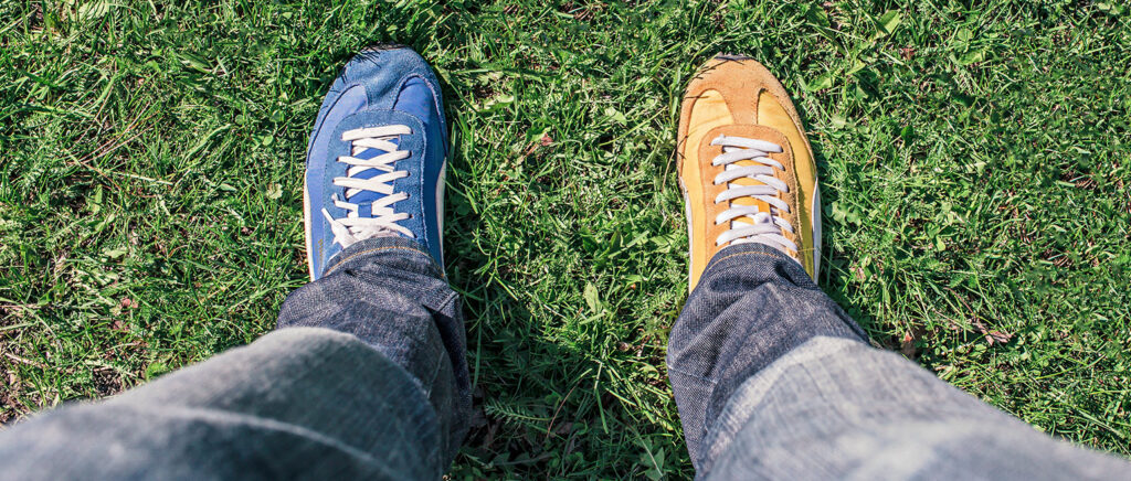 Blue sneaker, yellow sneaker