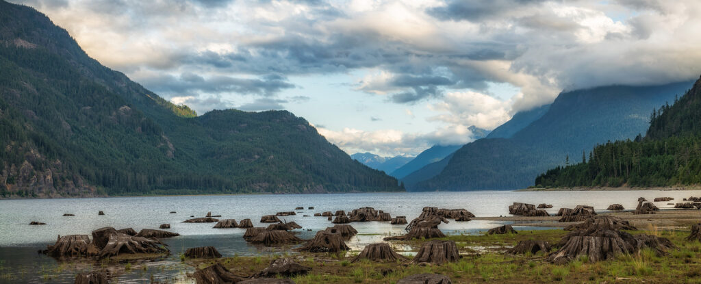 BC shoreline with green mountains